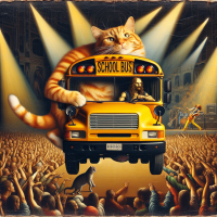 Garfield driving a school bus in a rock concert, Painting by Leonardo Da Vinci