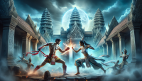 Buat poster aksi epik dengan tema pertarungan bela diri di kuil kuno. Latar belakang menampilkan reruntuhan kuil megah yang menggabungkan elemen arsitektur Angkor Wat (Kamboja) dengan pilar batu berukir dan Wat Arun (Thailand) dengan atap melengkung, diterangi cahaya bulan biru pucat dan kabut tipis untuk suasana misterius. Di sisi kiri, gambarkan seorang pejuang Thailand (pria, berusia 30-an, berotot), mengenakan seragam muay thai modern dengan kain merah-emas dan mongkol di kepala, memegang tongkat pendek dengan sikap siap tempur, ekspresi tegas. Di sisi kanan, gambarkan seorang pejuang Kamboja (wanita, berusia 20-an, lincah), mengenakan pakaian pradal serey dengan kain sampot hijau-perak, memegang pedang pendek dengan tatapan menantang. Di tengah, ciptakan efek tabrakan energi berbentuk naga Thailand (merah-emas) melawan apsara Kamboja (hijau-perak), membentuk kata 